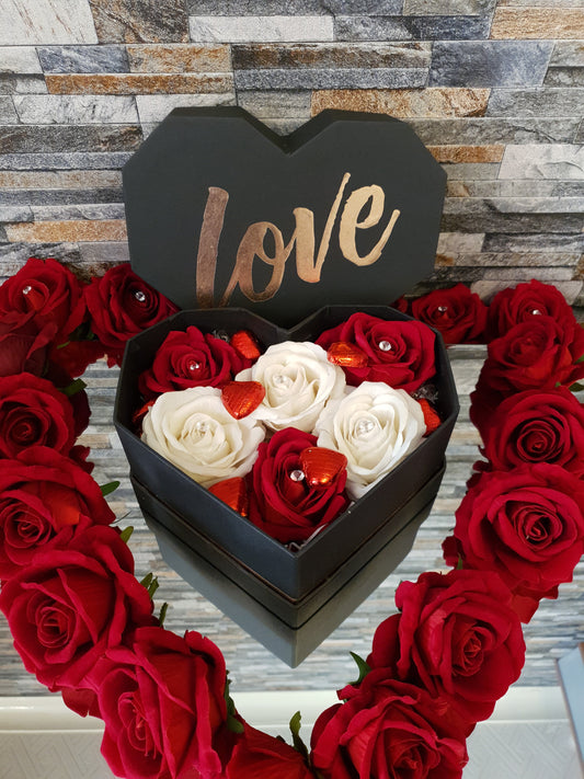 Love Heart Black Gift Box With Chocolate and Flowers