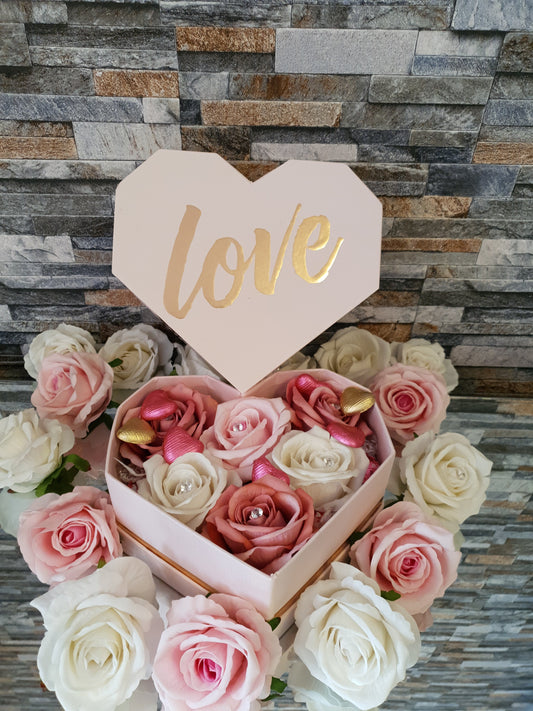 Love Pink Heart Gift Box With Flowers and Chocolate