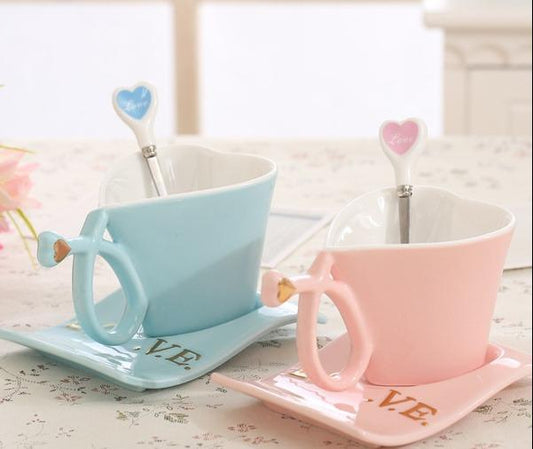 Heart Shape Mug With Spoon And Saucer