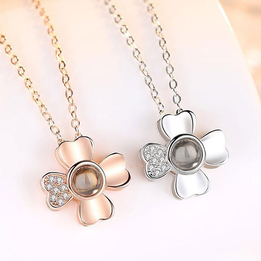 925 Sterling Silver 100 Language I Love You Projection Flower Necklace